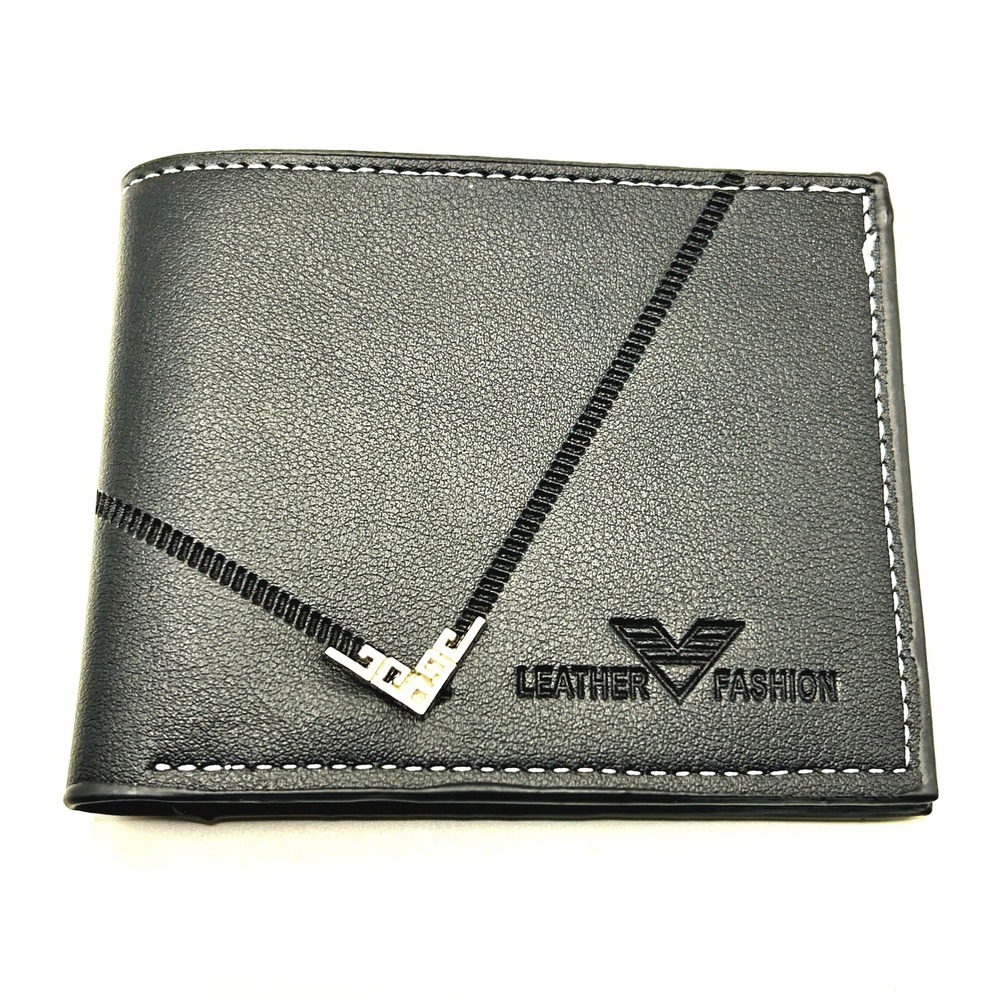 Leather Fashion Bifold Wallet Mens OS Black Contrast Stitch Minimalist Slim Gift